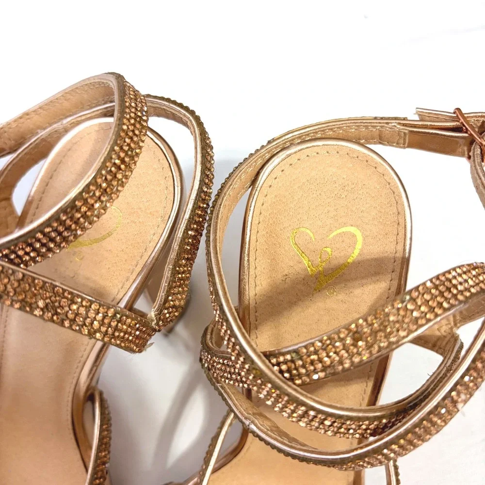 Windsor Rose Gold Rhinestone Block Heels with strappy wrapping detail on ankle